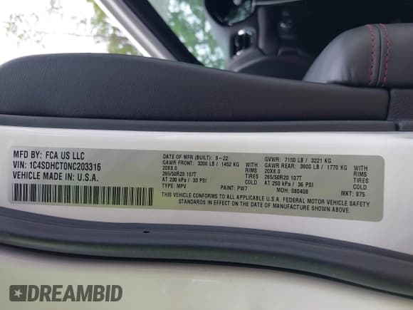 ✅ 2022 Dodge Durango R/T • VIN: 1C4SDHCT0NC203316 • Lot: 42505385. Listed on IAAI with 38,293 mi. Free auction sales archive from the USA and detailed vehicle history report at DreamBid. Image 9.