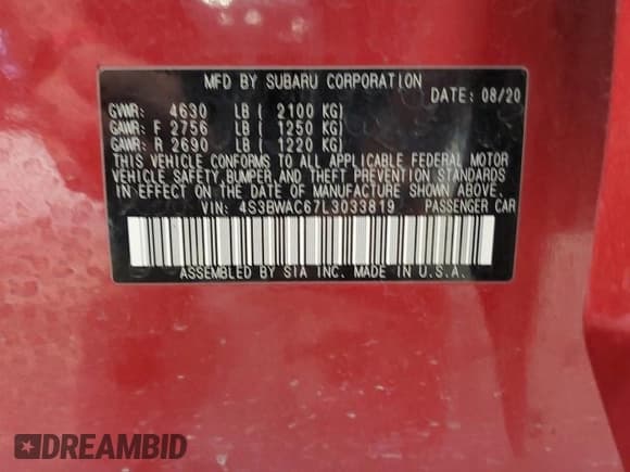 ✅ 2020 Subaru Legacy Premium • VIN: 4S3BWAC67L3033819 • Lot: 56369765. Listed on Copart with 86,732 mi. Free auction sales archive from the USA and detailed vehicle history report at DreamBid. Image 13.