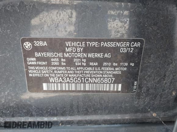 ✅ 2012 BMW 3 Series 328i • VIN: WBA3A5G51CNN65807 • Lot: 43680062. Listed on IAAI with 102,000 mi. Free auction sales archive from the USA and detailed vehicle history report at DreamBid. Image 9.