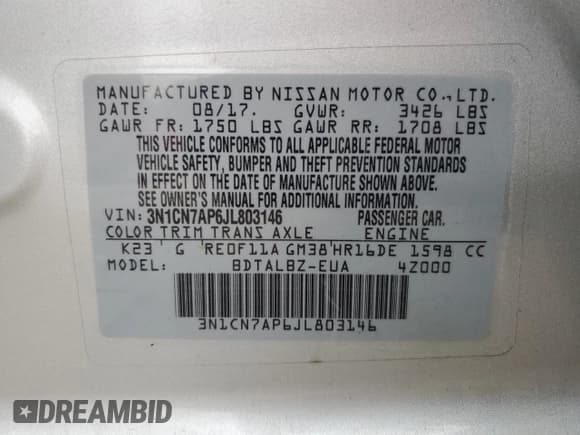 ✅ 2018 Nissan Versa S • VIN: 3N1CN7AP6JL803146 • Lot: 84071664. Wystawiony na Copart z przebiegiem 97 307 mil. Bezpłatny archiwum sprzedaży aukcyjnych z USA i szczegółowy raport historii pojazdu na DreamBid. Zdjęcie 13.