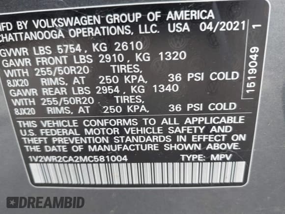 ✅ 2021 Volkswagen Atlas SE • VIN: 1V2WR2CA2MC581004 • Lot: 43007692. Listed on IAAI with 71,621 mi. Free auction sales archive from the USA and detailed vehicle history report at DreamBid. Image 9.