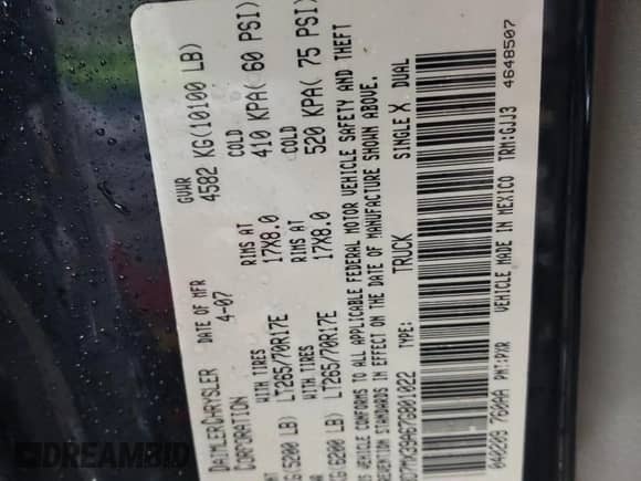 2007 Dodge 3500 Laramie with VIN 3D7MX39A67G801022, listed as a Copart auction lot 43378065 with 232,050 mi miles and Salvage title. Bid and sale history available at DreamBid. Image 13.