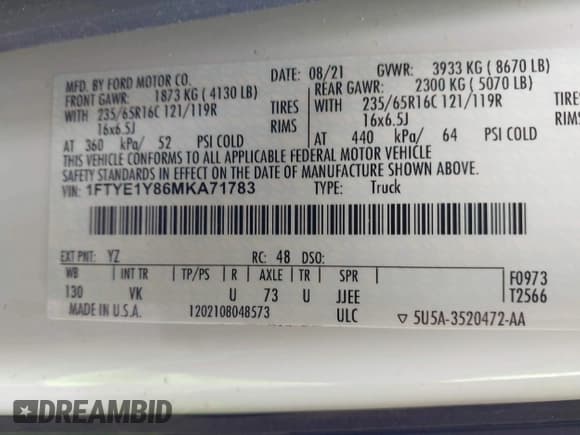 ✅ 2021 Ford Transit Cargo • VIN: 1FTYE1Y86MKA71783 • Lot: 42183454. Listed on IAAI with 53,405 mi. Free auction sales archive from the USA and detailed vehicle history report at DreamBid. Image 9.