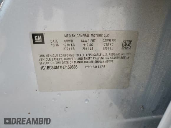 ✅ 2017 Chevrolet Cruze LS • VIN: 1G1BC5SM7H7159803 • Лот: 73473502. Опубликован ранее на Copart с пробегом 99 040 миль. Бесплатный доступ к архиву аукционных продаж из США и подробный отчёт об истории автомобиля на DreamBid. Изображение 12.