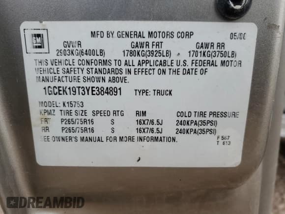 ✅ 2000 Chevrolet Silverado 1500 LT • VIN: 1GCEK19T3YE384891 • Lot: 59867014. Listed on Copart with 309,171 mi. Free auction sales archive from the USA and detailed vehicle history report at DreamBid. Image 12.