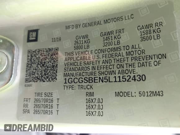 2020 Chevrolet Colorado 2WD Work Truck with VIN 1GCGSBEN5L1152430, listed as a IAAI auction lot 43278372 with 108,999 mi miles and . Bid and sale history available at DreamBid. Image 9.