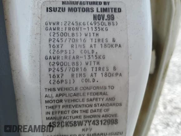 ✅ 2000 Isuzu Rodeo S • VIN: 4S2CK58W7Y4312998 • Лот: 60941065. Опубликован ранее на Copart с пробегом 222 059 миль. Бесплатный доступ к архиву аукционных продаж из США и подробный отчёт об истории автомобиля на DreamBid. Изображение 12.