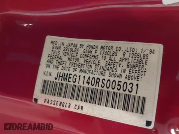 ✅ 1994 Honda del Sol S • VIN: JHMEG1140RS005031 • Лот: 42261794. Опубликован ранее на IAAI с пробегом 112 498 миль. Бесплатный доступ к архиву аукционных продаж из США и подробный отчёт об истории автомобиля на DreamBid. Изображение 9.