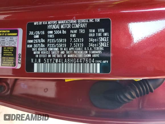 ✅ 2017 Hyundai Santa Fe Ultimate • VIN: 5XYZW4LA8HG447604 • Lot: 57708085. Listed on Copart with 31,676 mi. Free auction sales archive from the USA and detailed vehicle history report at DreamBid. Image 13.