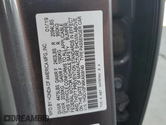 ✅ 2019 Honda Accord Touring • VIN: 1HGCV2F96KA009140 • Лот: 90891515. Опубликован ранее на Copart с пробегом 90 214 миль. Бесплатный доступ к архиву аукционных продаж из США и подробный отчёт об истории автомобиля на DreamBid. Изображение 13.