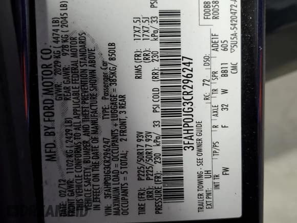 ✅ 2012 Ford Fusion SEL • VIN: 3FAHP0JG3CR296247 • Лот: 62782365. Опубликован ранее на Copart с пробегом 224 581 миль. Бесплатный доступ к архиву аукционных продаж из США и подробный отчёт об истории автомобиля на DreamBid. Изображение 12.