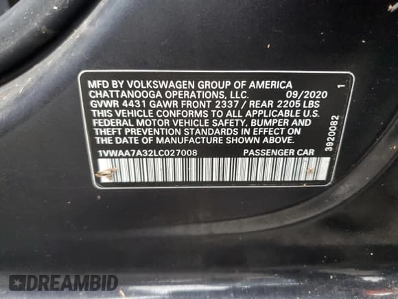 ✅ 2020 Volkswagen Passat S • VIN: 1VWAA7A32LC027008 • Лот: 67257835. Опубликован ранее на Copart с пробегом 85 952 миль. Бесплатный доступ к архиву аукционных продаж из США и подробный отчёт об истории автомобиля на DreamBid. Изображение 12.