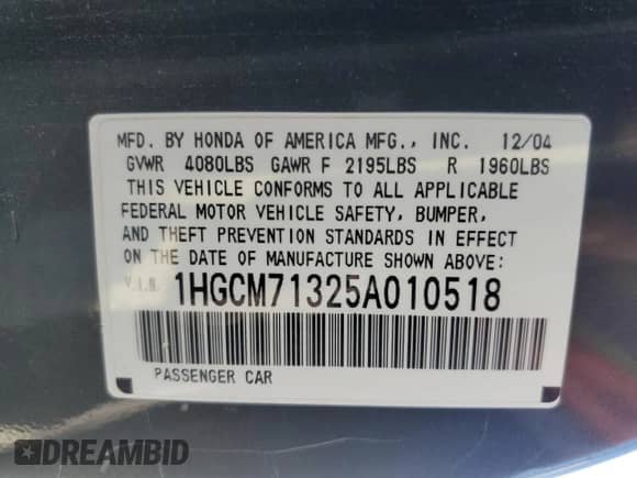 2005 Honda Accord LX with VIN 1HGCM71325A010518, listed as a Copart auction lot 51528035 with 216,865 mi miles and Salvage title. Bid and sale history available at DreamBid. Image 12.