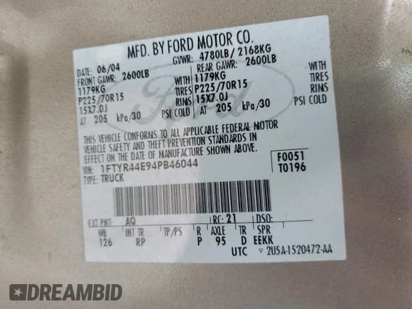 ✅ 2004 Ford Ranger XLT Appearance • VIN: 1FTYR44E94PB46044 • Лот: 62956765. Опубликован ранее на Copart с пробегом 90 263 миль. Бесплатный доступ к архиву аукционных продаж из США и подробный отчёт об истории автомобиля на DreamBid. Изображение 12.