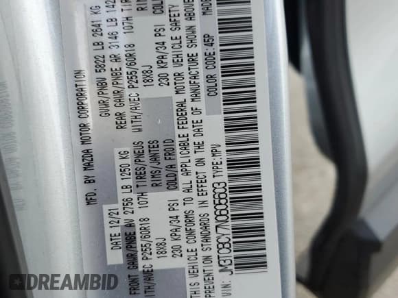 ✅ 2022 Mazda CX-9 Touring • VIN: JM3TCBCY7N0605603 • Lot: 67024395. Listed on Copart with 35,174 mi. Free auction sales archive from the USA and detailed vehicle history report at DreamBid. Image 14.