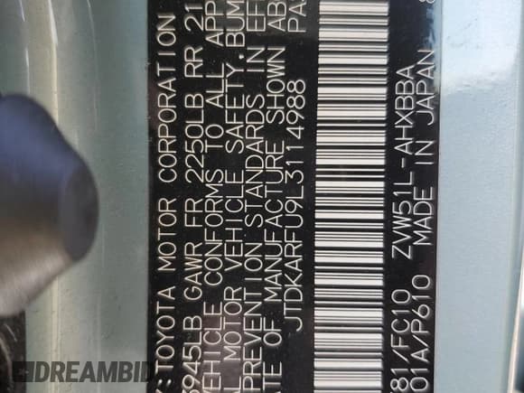 ✅ 2020 Toyota Prius LE • VIN: JTDKARFU9L3114988 • Lot: 87010785. Listed on Copart with 96,022 mi. Free auction sales archive from the USA and detailed vehicle history report at DreamBid. Image 13.