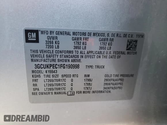 ✅ 2015 Chevrolet Silverado 1500 Work Truck • VIN: 3GCUKPEC1FG190998 • Lot: 38031104. Listed on Copart with 108,869 mi. Free auction sales archive from the USA and detailed vehicle history report at DreamBid. Image 13.