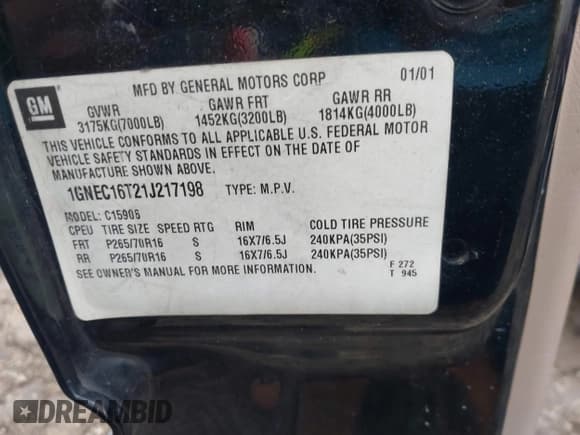 ✅ 2001 Chevrolet Suburban LS • VIN: 1GNEC16T21J217198 • Лот: 41779416. Опубликован ранее на IAAI с пробегом 306 172 миль. Бесплатный доступ к архиву аукционных продаж из США и подробный отчёт об истории автомобиля на DreamBid. Изображение 9.