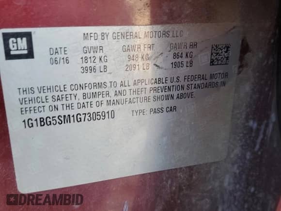 2016 Chevrolet Cruze Premier with VIN 1G1BG5SM1G7305910, listed as a Copart auction lot 86592965 with 127,901 mi miles and Salvage title. Bid and sale history available at DreamBid. Image 12.