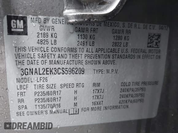 ✅ 2012 Chevrolet Captiva Sport LS • VIN: 3GNAL2EK3CS596209 • Lot: 42982955. Wystawiony na IAAI z przebiegiem 129 634 mil. Bezpłatny archiwum sprzedaży aukcyjnych z USA i szczegółowy raport historii pojazdu na DreamBid. Zdjęcie 9.