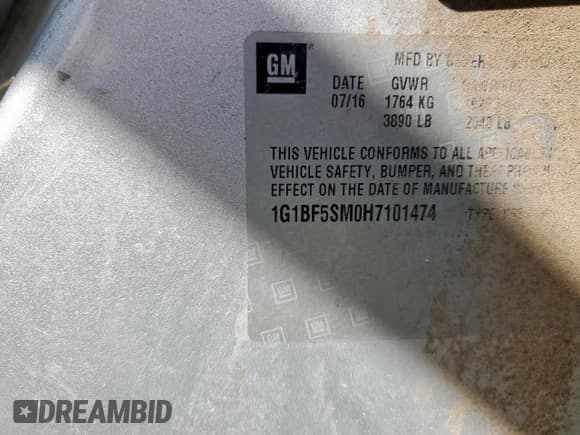 ✅ 2017 Chevrolet Cruze Premier • VIN: 1G1BF5SM0H7101474 • Lot: 80303235. Listed on Copart with 138,191 mi. Free auction sales archive from the USA and detailed vehicle history report at DreamBid. Image 12.