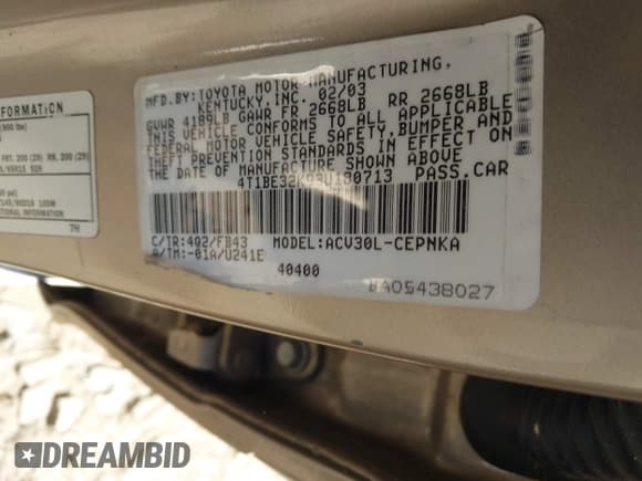 ✅ 2003 Toyota Camry LE • VIN: 4T1BE32K93U180713 • Lot: 43672253. Listed on IAAI with 162,985 mi. Free auction sales archive from the USA and detailed vehicle history report at DreamBid. Image 9.