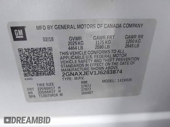 2018 Chevrolet Equinox LT с VIN 2GNAXJEV1J6283874, выставлен на аукционе IAAI как лот 43478912 с пробегом 177 394 миль миль и . История ставок и продаж доступна на DreamBid. Изображение 9.