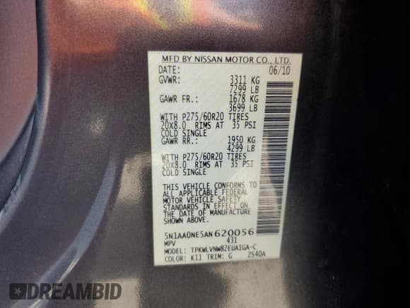 ✅ 2010 Nissan Armada Platinum • VIN: 5N1AA0NE5AN620056 • Lot: 82616095. Wystawiony na Copart z przebiegiem 282 768 mil. Bezpłatny archiwum sprzedaży aukcyjnych z USA i szczegółowy raport historii pojazdu na DreamBid. Zdjęcie 13.