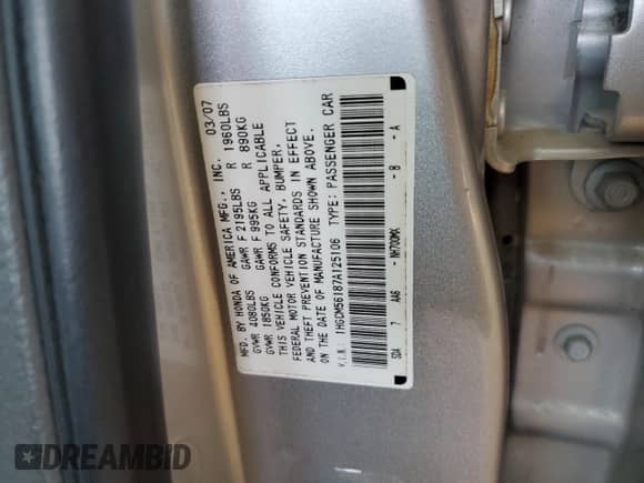 2007 Honda Accord VP with VIN 1HGCM56187A125106, listed as a Copart auction lot 70181725 with 219,645 mi miles and Salvage title. Bid and sale history available at DreamBid. Image 12.