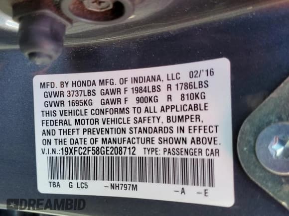 ✅ 2016 Honda Civic LX • VIN: 19XFC2F58GE208712 • Lot: 87259475. Listed on Copart with 101,743 mi. Free auction sales archive from the USA and detailed vehicle history report at DreamBid. Image 12.