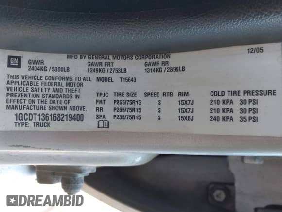 2006 Chevrolet Colorado 2LT с VIN 1GCDT136168219400, выставлен на аукционе IAAI как лот 43567672 с пробегом 189 220 миль миль и . История ставок и продаж доступна на DreamBid. Изображение 9.