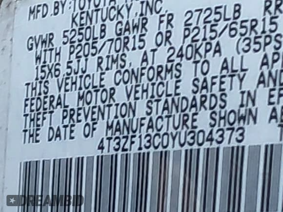 ✅ 2000 Toyota Sienna LE • VIN: 4T3ZF13C0YU304373 • Lot: 43796866. Listed on IAAI with 205,665 mi. Free auction sales archive from the USA and detailed vehicle history report at DreamBid. Image 9.