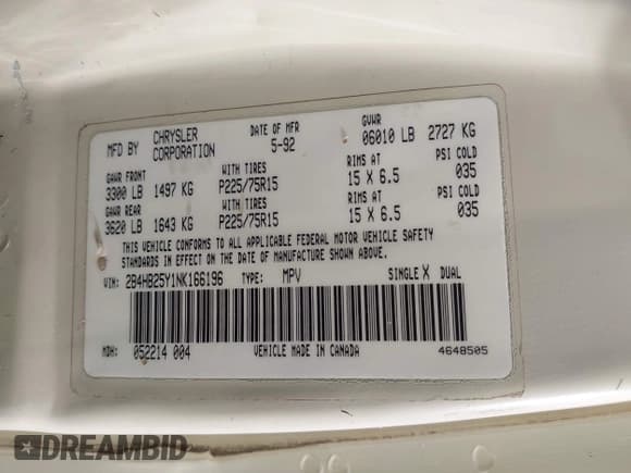 ✅ 1992 Dodge Passenger • VIN: 2B4HB25Y1NK166196 • Lot: 43680837. Listed on IAAI with 124,492 mi. Free auction sales archive from the USA and detailed vehicle history report at DreamBid. Image 9.