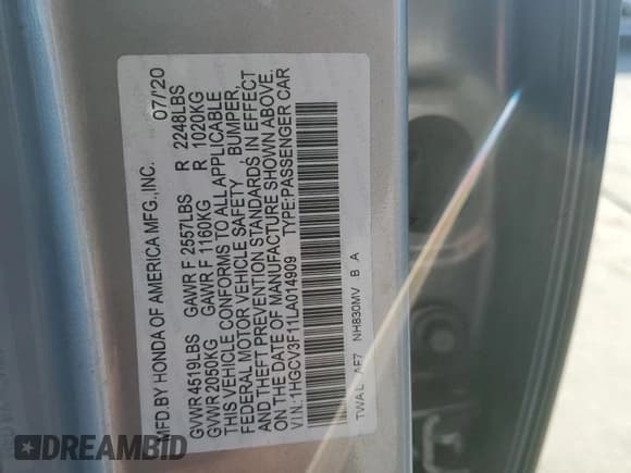 ✅ 2020 Honda Accord • VIN: 1HGCV3F11LA014909 • Lot: 82659675. Listed on Copart with 45,345 mi. Free auction sales archive from the USA and detailed vehicle history report at DreamBid. Image 13.