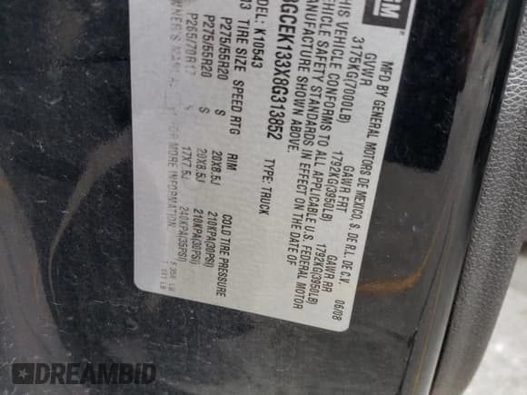 ✅ 2008 Chevrolet Silverado 1500 1LT • VIN: 3GCEK133X8G313852 • Lot: 72453334. Listed on Copart with 326,211 mi. Free auction sales archive from the USA and detailed vehicle history report at DreamBid. Image 12.