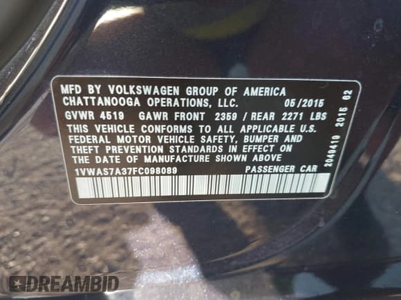 ✅ 2015 Volkswagen Passat S • VIN: 1VWAS7A37FC098089 • Lot: 43340327. Listed on IAAI with 146,107 mi. Free auction sales archive from the USA and detailed vehicle history report at DreamBid. Image 9.