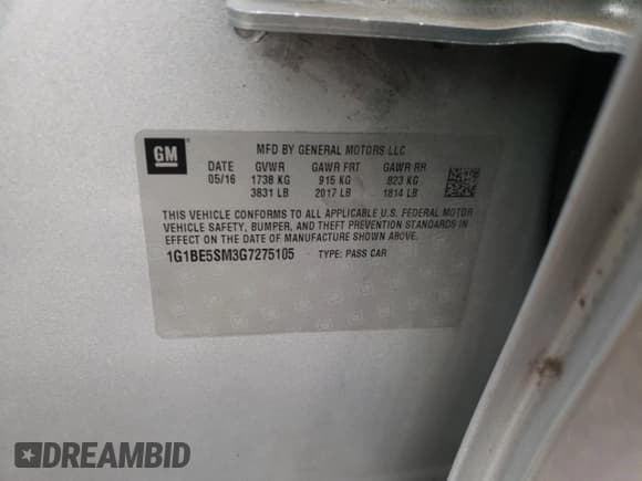 ✅ 2016 Chevrolet Cruze LT • VIN: 1G1BE5SM3G7275105 • Lot: 43311493. Listed on Copart with 122,252 mi. Free auction sales archive from the USA and detailed vehicle history report at DreamBid. Image 12.