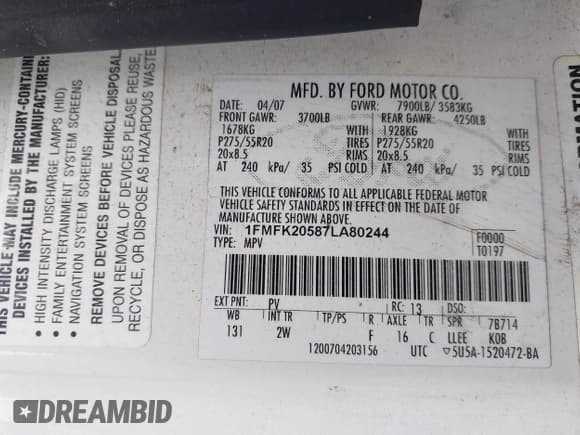 ✅ 2007 Ford Expedition Max Limited • VIN: 1FMFK20587LA80244 • Lot: 43267125. Wystawiony na IAAI z przebiegiem 219 672 mil. Bezpłatny archiwum sprzedaży aukcyjnych z USA i szczegółowy raport historii pojazdu na DreamBid. Zdjęcie 9.