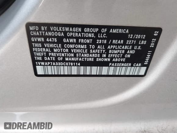 ✅ 2013 Volkswagen Passat S • VIN: 1VWAP7A33DC078114 • Lot: 42637592. Listed on IAAI with 90,712 mi. Free auction sales archive from the USA and detailed vehicle history report at DreamBid. Image 9.