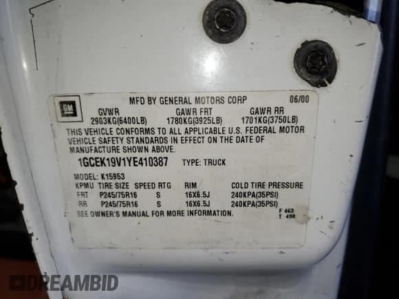 ✅ 2000 Chevrolet Silverado 1500 • VIN: 1GCEK19V1YE410387 • Лот: 92852265. Опубликован ранее на Copart с пробегом 238 126 миль. Бесплатный доступ к архиву аукционных продаж из США и подробный отчёт об истории автомобиля на DreamBid. Изображение 12.