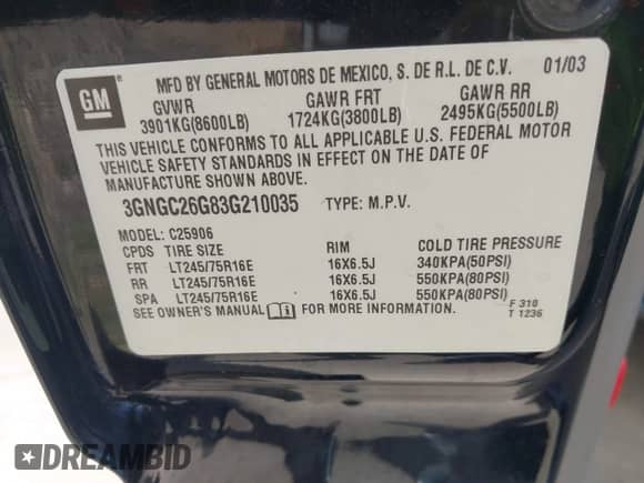 ✅ 2003 Chevrolet Suburban LT • VIN: 3GNGC26G83G210035 • Лот: 42084859. Опубликован ранее на IAAI с пробегом 145 919 миль. Бесплатный доступ к архиву аукционных продаж из США и подробный отчёт об истории автомобиля на DreamBid. Изображение 9.