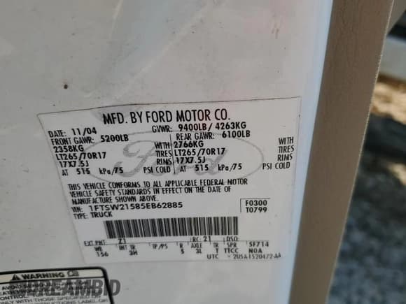 ✅ 2005 Ford F-250 XL • VIN: 1FTSW21585EB62885 • Lot: 59385345. Listed on Copart with 222,074 mi. Free auction sales archive from the USA and detailed vehicle history report at DreamBid. Image 13.