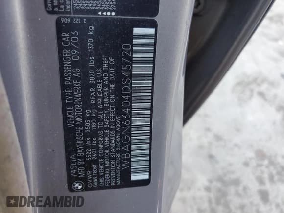 ✅ 2004 BMW 7 Series 745Li • VIN: WBAGN63404DS45720 • Lot: 82421485. Listed on Copart with 173,177 mi. Free auction sales archive from the USA and detailed vehicle history report at DreamBid. Image 12.