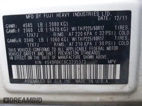 ✅ 2012 Subaru Outback Limited • VIN: 4S4BRBKC6C3235373 • Лот: 43863824. Опубликован ранее на IAAI с пробегом 126 943 миль. Бесплатный доступ к архиву аукционных продаж из США и подробный отчёт об истории автомобиля на DreamBid. Изображение 9.