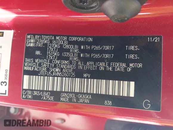 ✅ 2022 Toyota 4Runner SR5 Premium • VIN: JTEFU5JR4N5260125 • Lot: 41988881. Listed on IAAI with 81,769 mi. Free auction sales archive from the USA and detailed vehicle history report at DreamBid. Image 9.