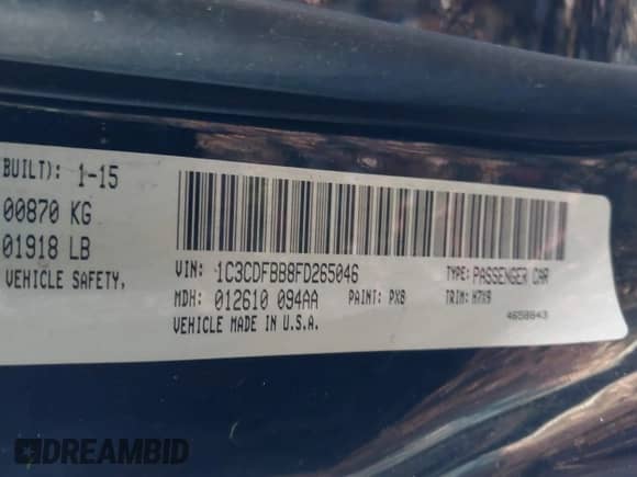 2015 Dodge Dart SXT with VIN 1C3CDFBB8FD265046, listed as a IAAI auction lot 43591048 with 221,078 mi miles and . Bid and sale history available at DreamBid. Image 9.