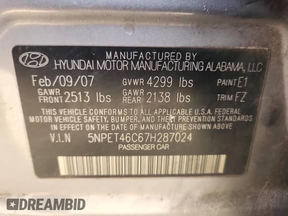 2007 Hyundai Sonata GLS with VIN 5NPET46C67H287024, listed as a Copart auction lot 89638345 with 135,538 mi miles and Salvage title. Bid and sale history available at DreamBid. Image 12.