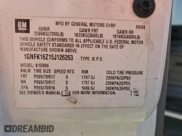 ✅ 2005 Chevrolet Suburban LT • VIN: 1GNFK16Z15J126263 • Лот: 43510285. Опубликован ранее на Copart с пробегом Не указан. Бесплатный доступ к архиву аукционных продаж из США и подробный отчёт об истории автомобиля на DreamBid. Изображение 15.
