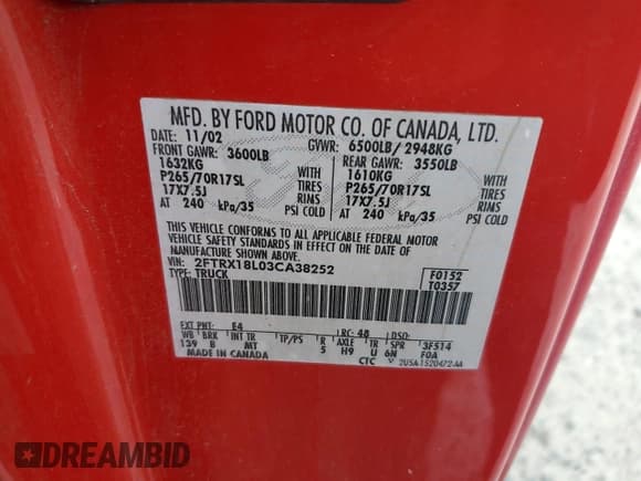 ✅ 2003 Ford F-150 XL • VIN: 2FTRX18L03CA38252 • Lot: 81770275. Listed on Copart with 276,056 mi. Free auction sales archive from the USA and detailed vehicle history report at DreamBid. Image 12.