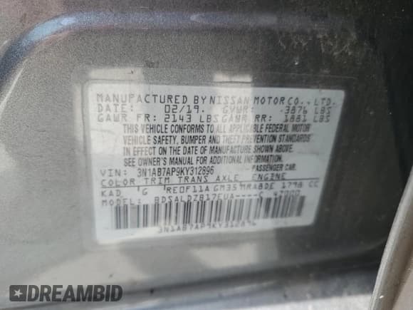 ✅ 2019 Nissan Sentra S • VIN: 3N1AB7AP9KY312896 • Lot: 80323925. Listed on Copart with 140,556 mi. Free auction sales archive from the USA and detailed vehicle history report at DreamBid. Image 13.